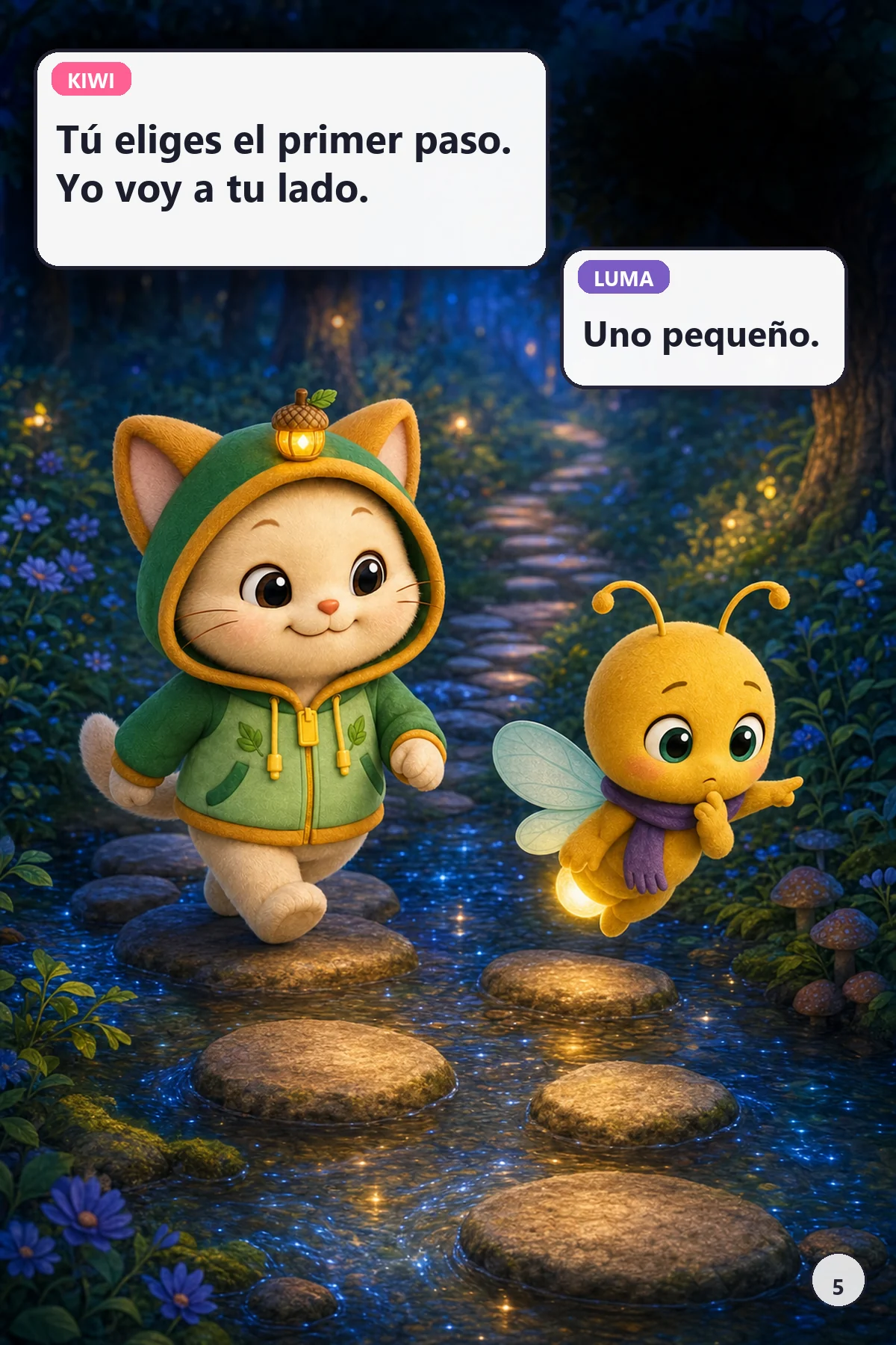 Luma elige el camino mientras Kiwi la acompaña sobre el arroyo