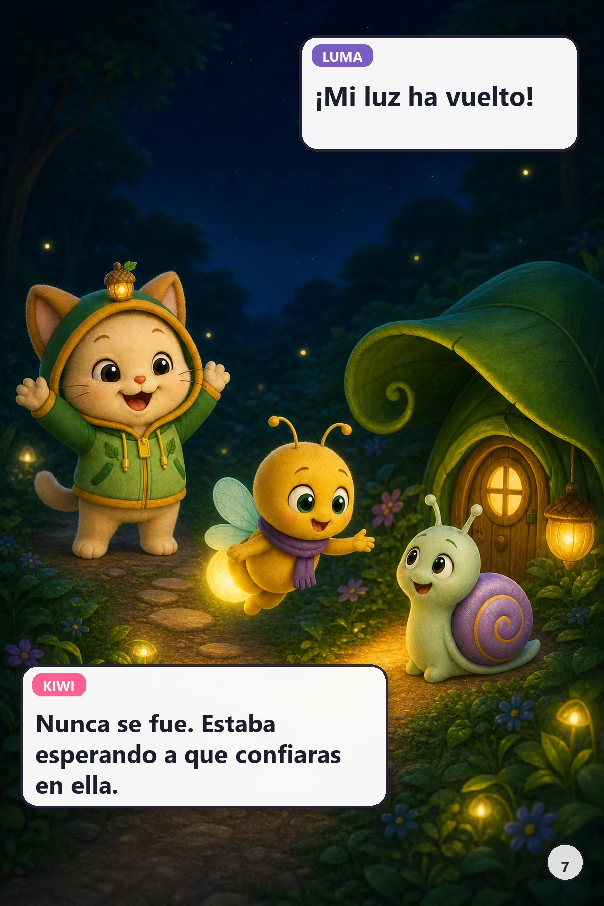 Luma recupera su luz y guía al caracol hasta su casa