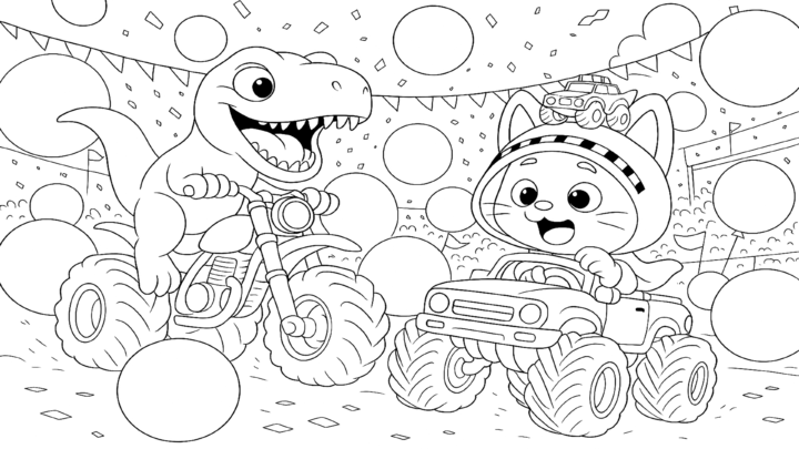 Dibujo de carrera de monster trucks con kiwi para imprimir y colorear