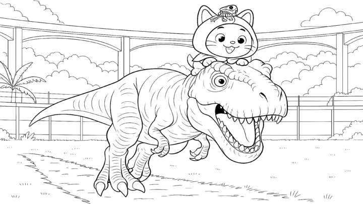 Dibujo de kiwi cabalga sobre un t-rex para imprimir y colorear