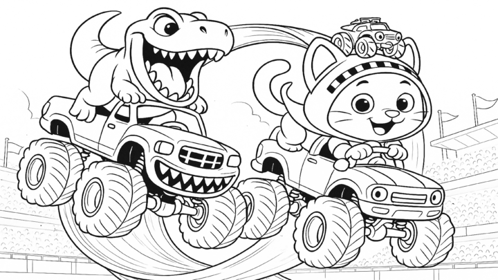 Dibujo de kiwi compite con dinosaurios en monster trucks para imprimir y colorear