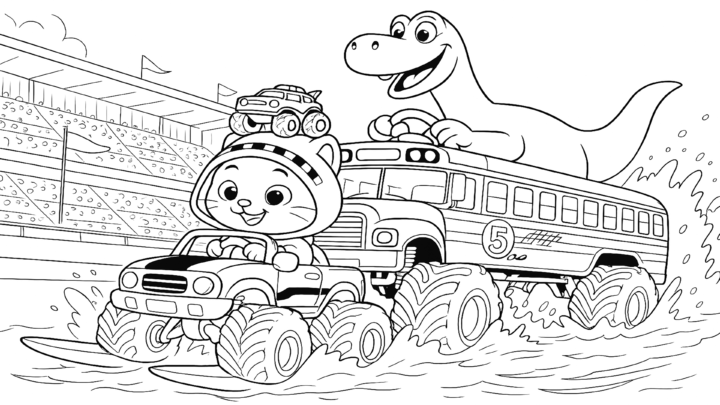 Dibujo de kiwi conduce el autobús de los dinosaurios para imprimir y colorear