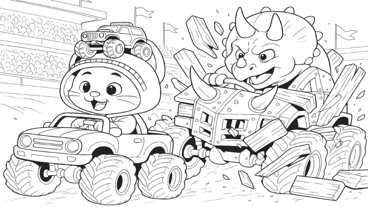 Dibujo de kiwi en una aventura de monster trucks para imprimir y colorear