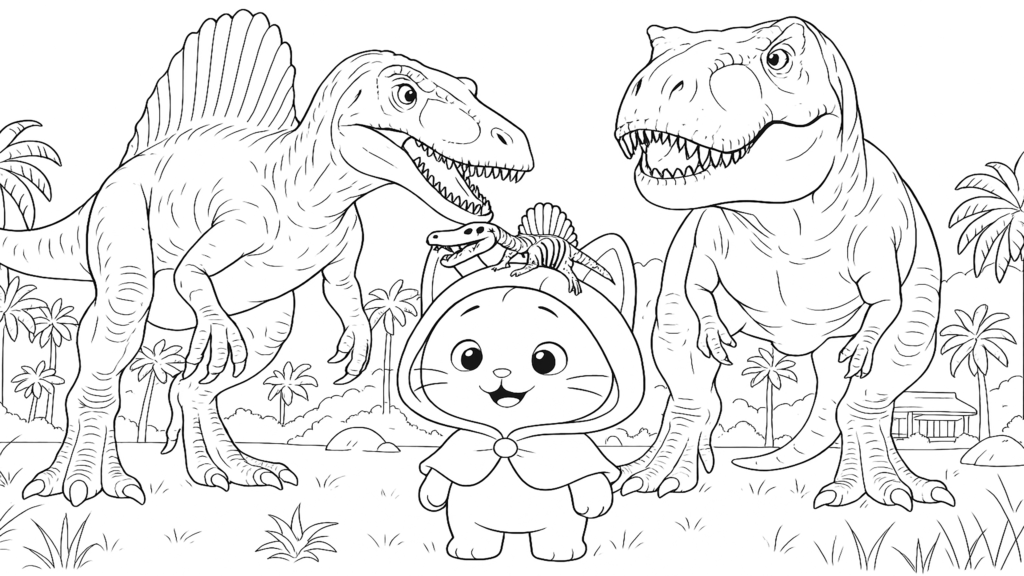 Dibujo de kiwi entre dinosaurios para imprimir y colorear