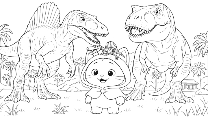 Dibujo de kiwi entre dinosaurios para imprimir y colorear