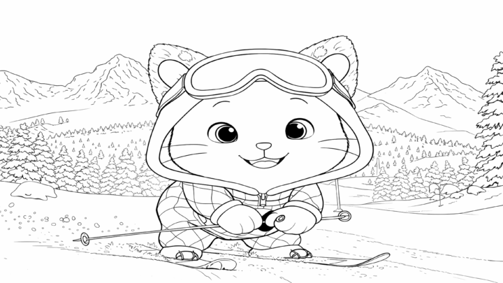 Dibujo de kiwi esquiador en la nieve para imprimir y colorear
