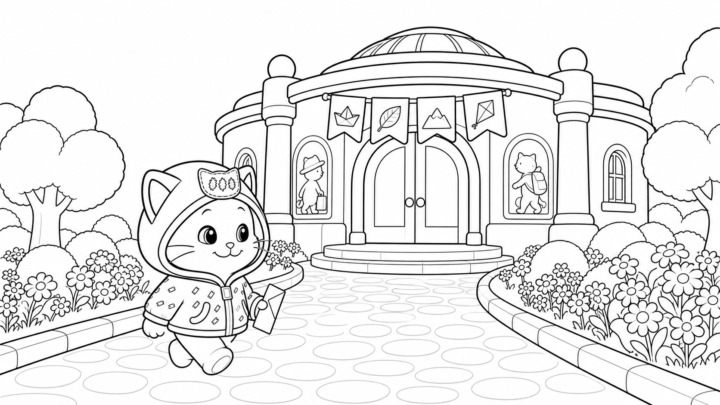 Dibujo de Kiwi llegando al Museo de los Gatos Viajeros para imprimir y colorear