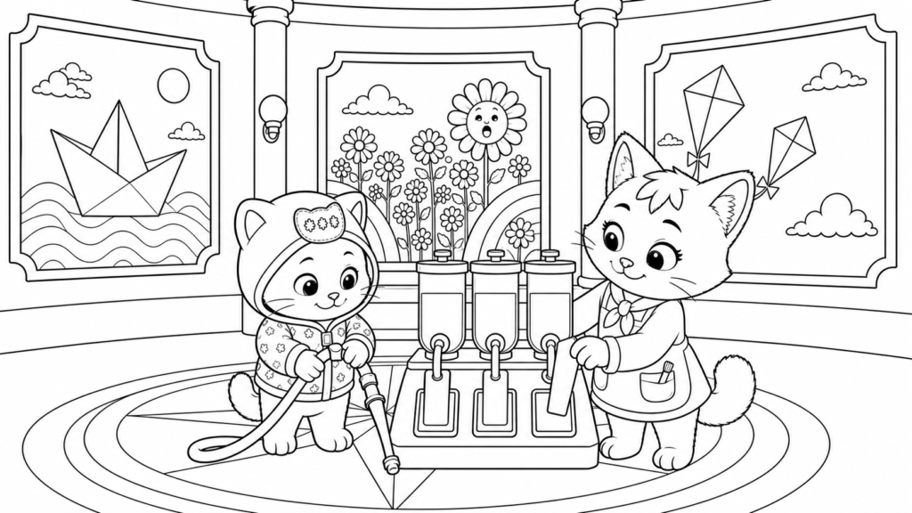 Dibujo de Kiwi y Trizapum buscando los colores perdidos del museo para colorear