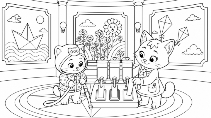 Dibujo de Kiwi y Trizapum buscando los colores perdidos del museo para colorear