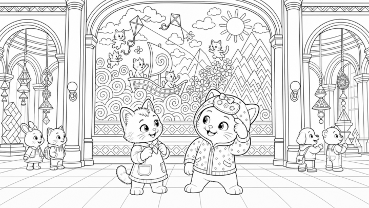 Dibujo de Kiwi y Trizapum devolviendo el color al Museo de los Gatos Viajeros