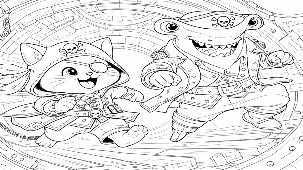 Dibujo de kiwi pirata y los cocodrilos para imprimir y colorear