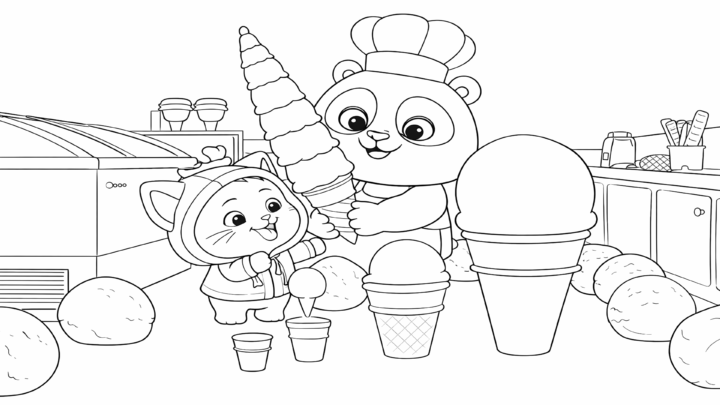 Dibujo de kiwi prepara un helado gigante para imprimir y colorear