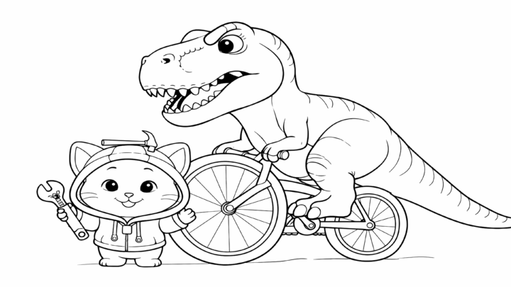 Dibujo de kiwi repara la bicicleta de un dinosaurio para imprimir y colorear