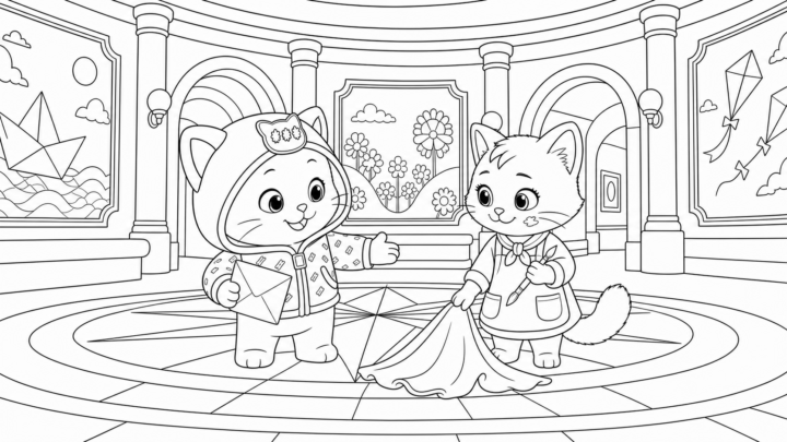 Dibujo de Kiwi y Trizapum explorando el Museo de los Gatos Viajeros para colorear