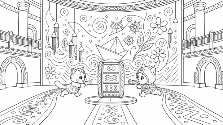 Dibujo de Kiwi y Trizapum activando la rueda de sellos del museo para colorear