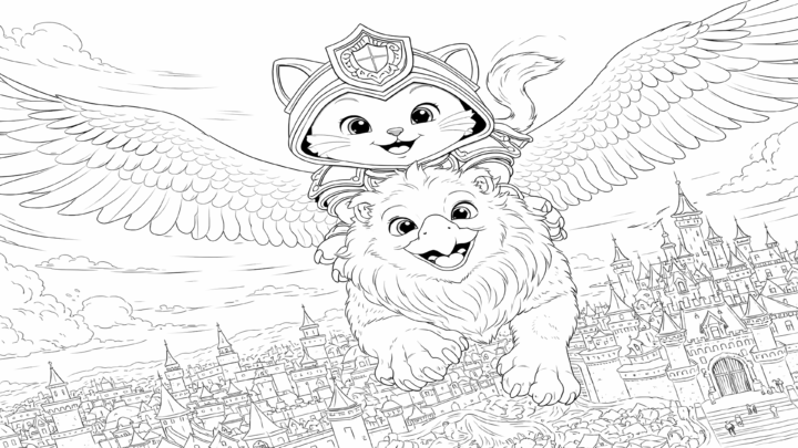 Dibujo de kiwi vuela sobre una criatura fantástica para imprimir y colorear