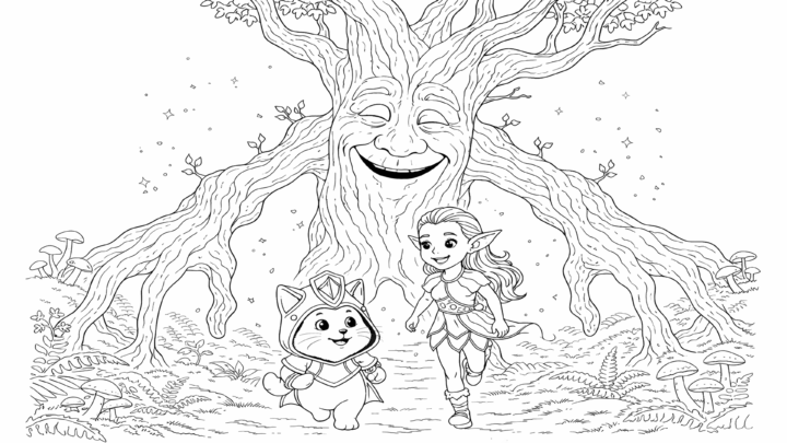 Dibujo de kiwi y el árbol mágico para imprimir y colorear