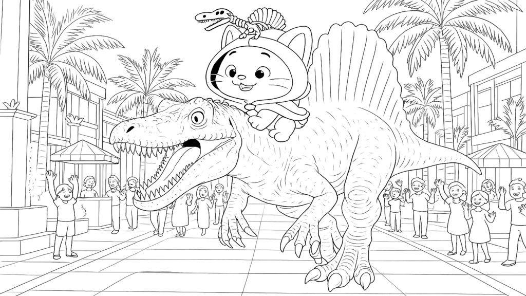 Dibujo de kiwi y el dinosaurio en la ciudad para imprimir y colorear
