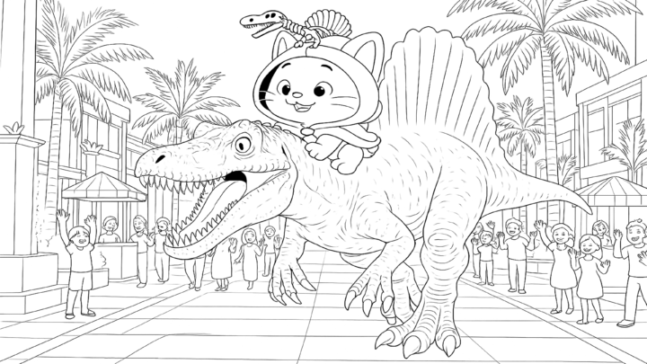 Dibujo de kiwi y el dinosaurio en la ciudad para imprimir y colorear