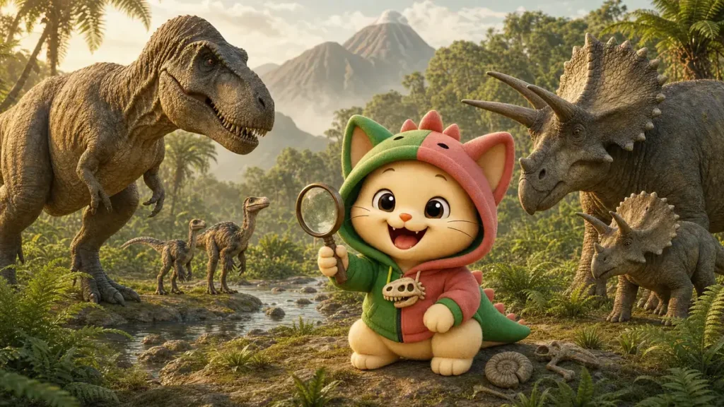 Kiwi con capucha de dinosaurio explora un paisaje prehistórico con un Tiranosaurio rex y una familia de Triceratops realistas