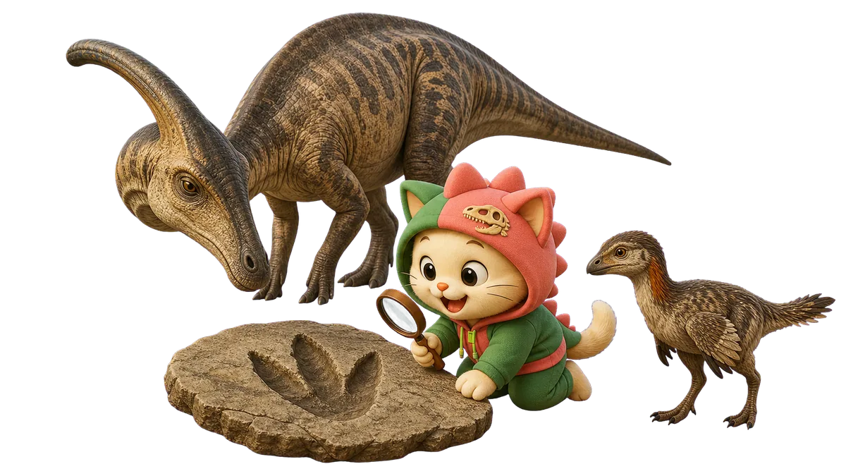 Kiwi investiga una huella fósil junto a un Parasaurolophus y un dinosaurio pequeño con plumas