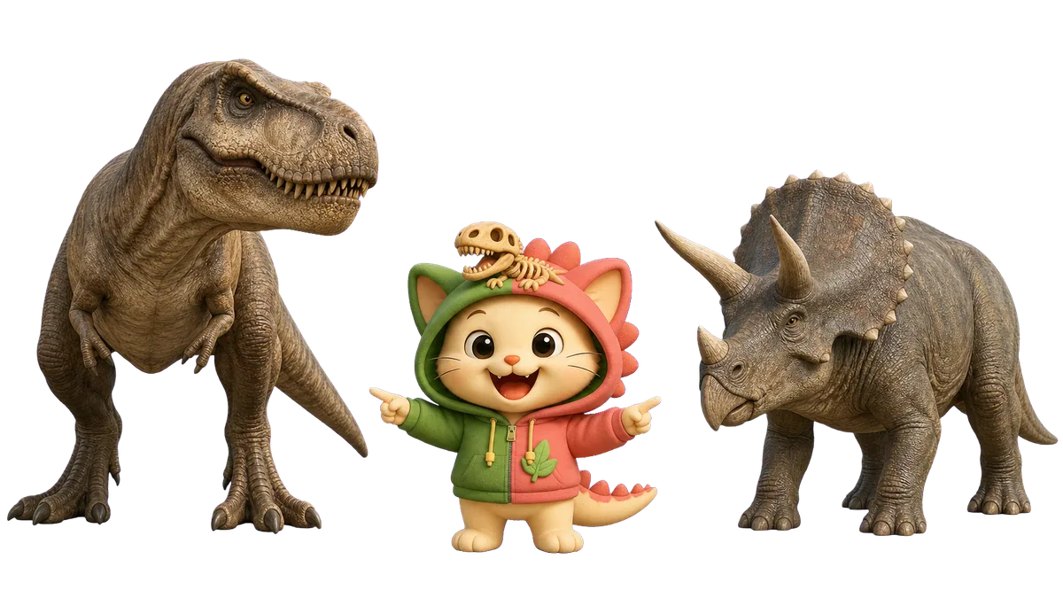 Kiwi con capucha de dinosaurio compara un Tiranosaurio rex y un Triceratops realistas