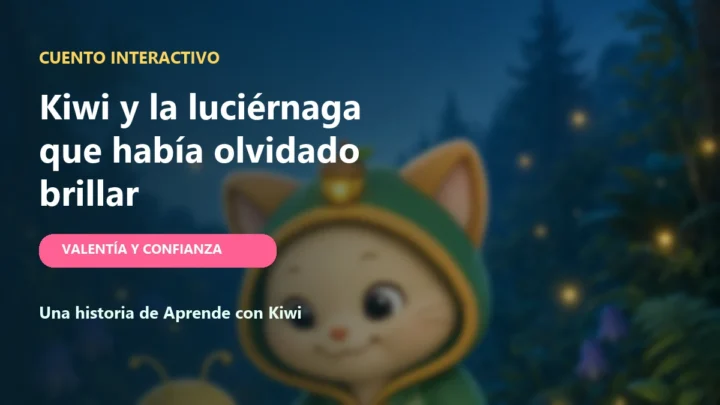 Kiwi con una bellota linterna sobre su capucha junto a Luma, una pequeña luciérnaga