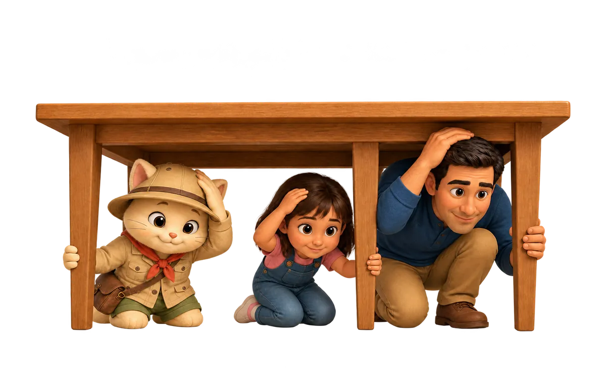 Kiwi enseña a una niña y a su padre a agacharse, cubrirse y agarrarse bajo una mesa durante un terremoto