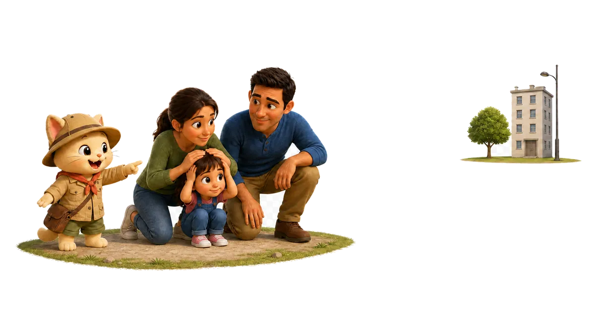 Kiwi guía a una familia con una niña hacia un espacio abierto durante un terremoto
