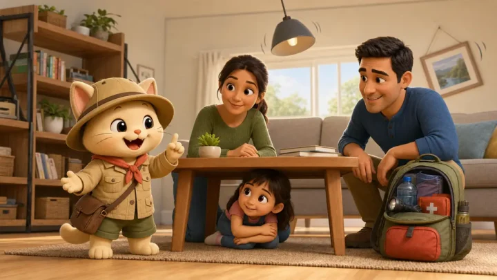 Kiwi explica a una familia con una niña qué hacer en casa durante un terremoto