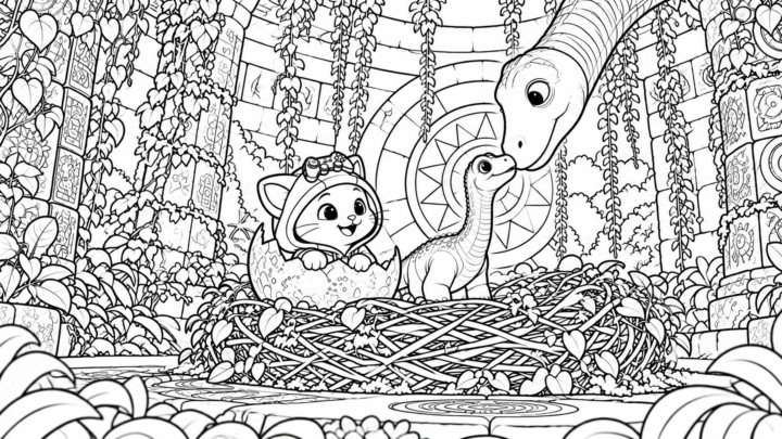 Kiwi meets a baby dinosaur in its nest coloring page