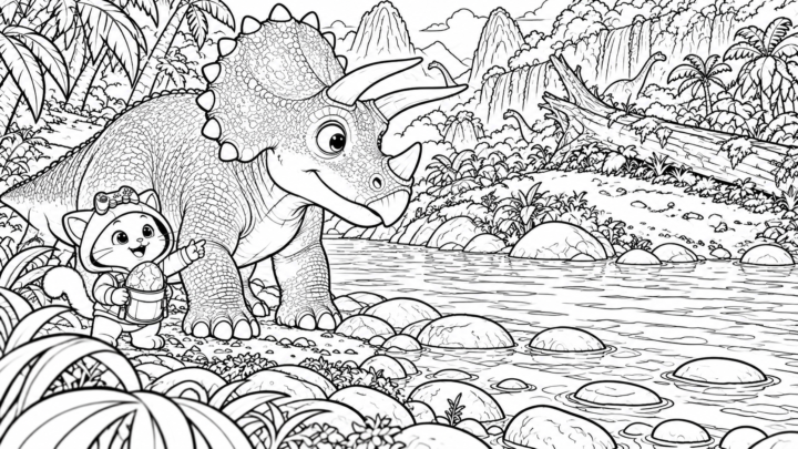 Kiwi explores a prehistoric river with a Triceratops coloring page