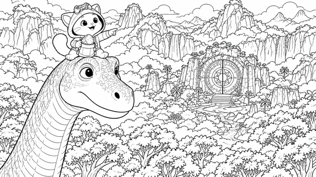 Kiwi recorre un valle prehistórico sobre un dinosaurio para colorear