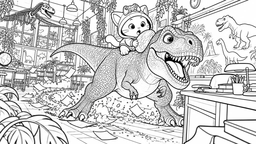 Kiwi monta sobre un T-Rex en un museo de dinosaurios para colorear