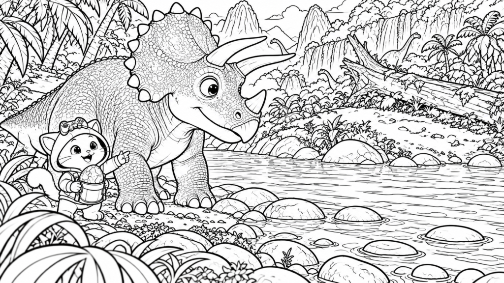 Kiwi explora un río prehistórico con un Triceratops para colorear