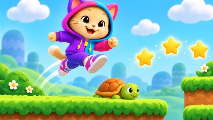 Kiwi corriendo, saltando un obstáculo y recogiendo estrellas en el videojuego infantil Kiwi Corre