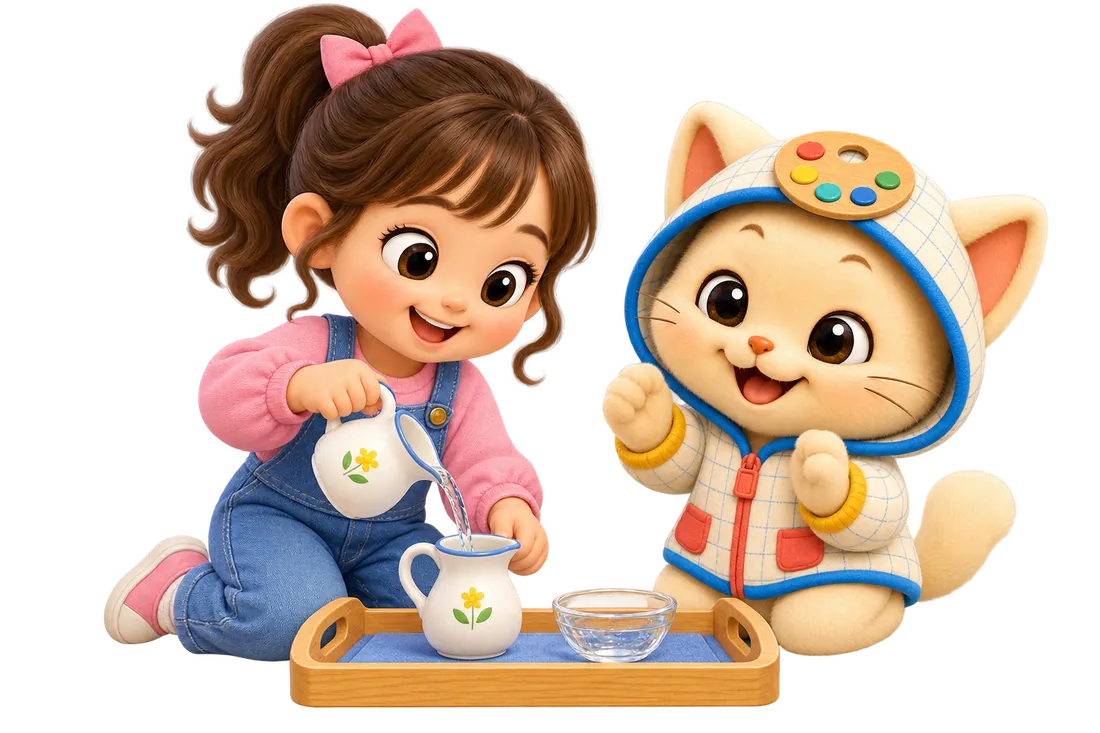 Kiwi y Victoria practican una actividad de vida práctica Montessori