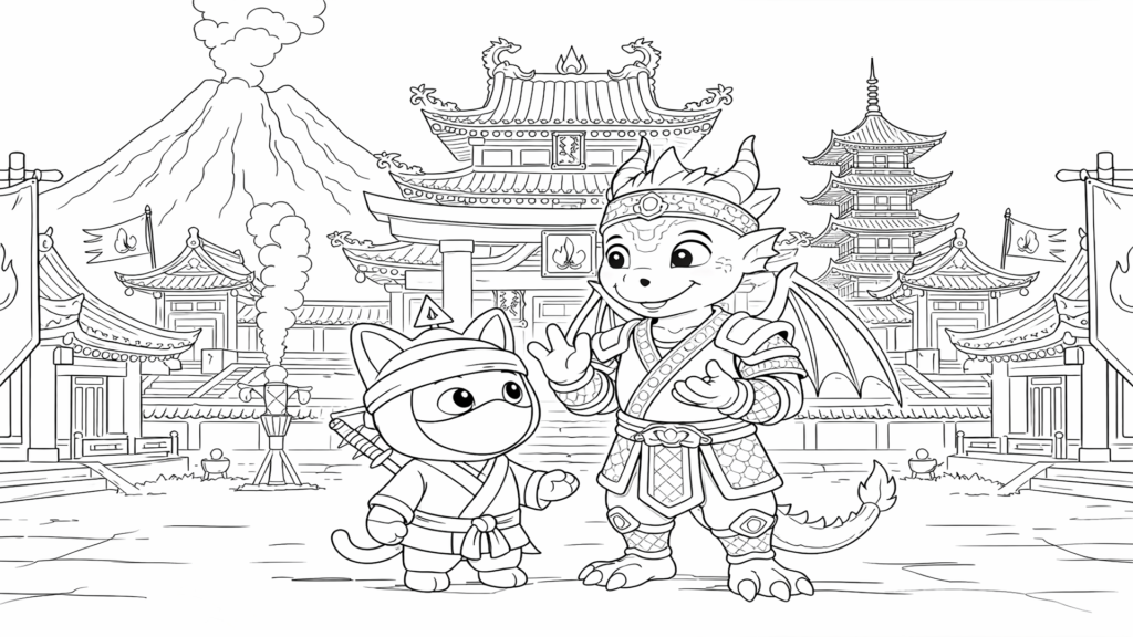Ninja Kiwi and the Dragon coloring page for kids