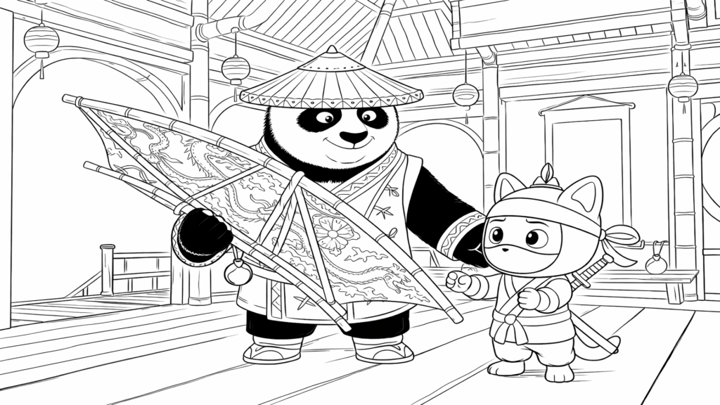 Ninja Kiwi and the Panda coloring page for kids