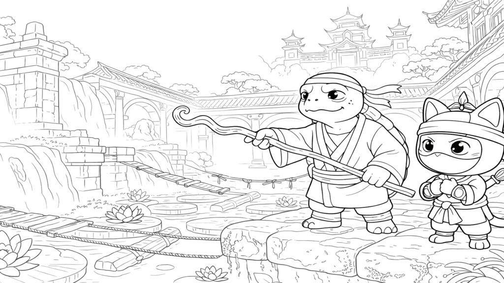 Ninja Kiwi at the Bridge coloring page for kids